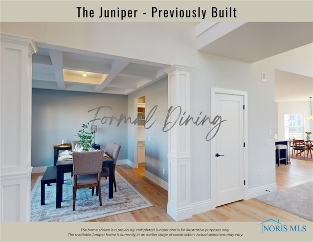 dining area featuring decorative columns, baseboards, beamed ceiling, coffered ceiling, and light wood-style flooring
