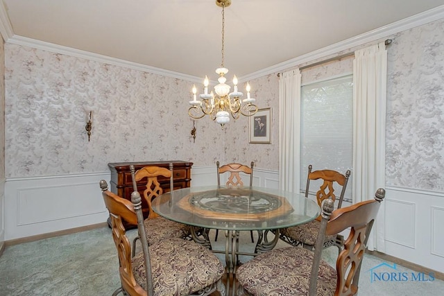 400 Orchard View Dr, Maumee, OH 43537 - dining area with wallpapered walls, a wainscoted wall, a chandelier, and crown molding