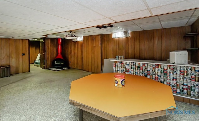 400 Orchard View Dr, Maumee, OH 43537 - dining room with wooden walls, a paneled ceiling, and carpet floors