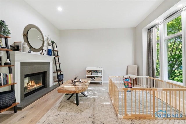 544 Jacqueline Ct, Holland, OH 43528 - living room featuring wood finished floors, a glass covered fireplace, and recessed lighting