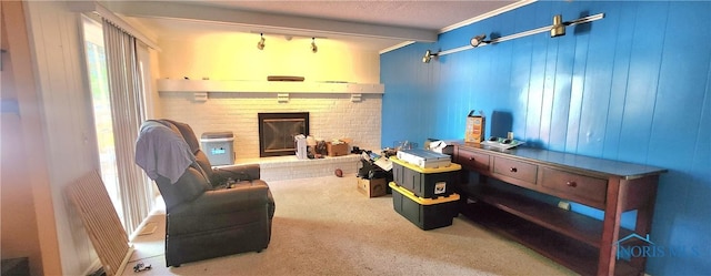 1773 Valley Way Dr, Toledo, OH 43614 - living area with carpet, a brick fireplace, and healthy amount of natural light