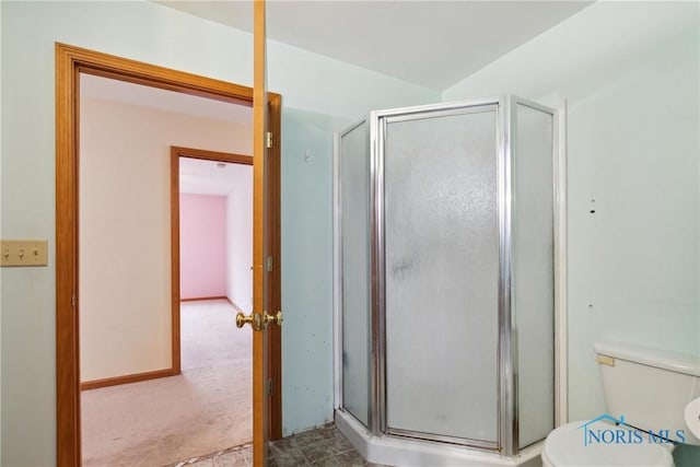 bathroom featuring toilet and a stall shower