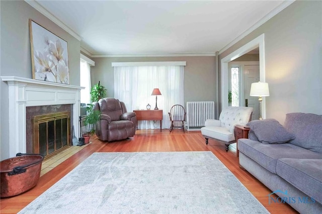 202 Hancock St, Findlay, OH 45840 - living room with radiator heating unit, crown molding, wood finished floors, and a fireplace
