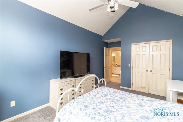 carpeted bedroom featuring baseboards, ceiling fan, high vaulted ceiling, and a closet