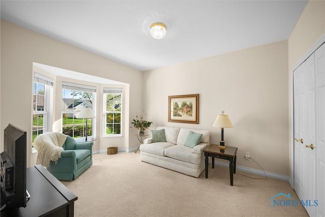 living area with baseboards and carpet