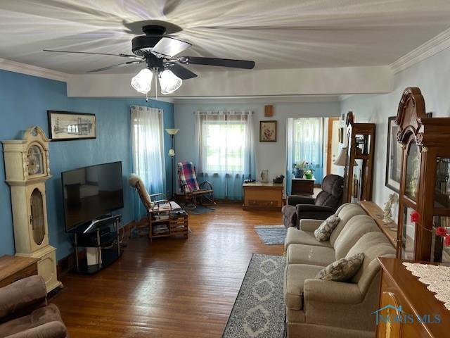 163 E Hull St, Edgerton, OH 43517 - living area with ornamental molding, a ceiling fan, and wood finished floors