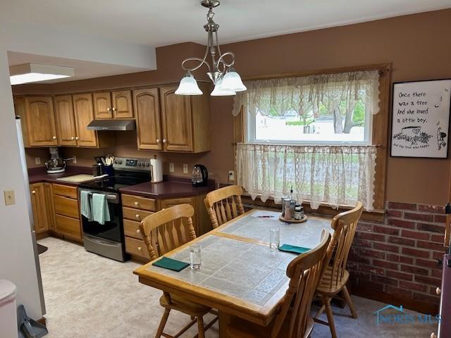 163 E Hull St, Edgerton, OH 43517 - kitchen with brown cabinets, dark countertops, pendant lighting, stainless steel range with electric cooktop, and under cabinet range hood