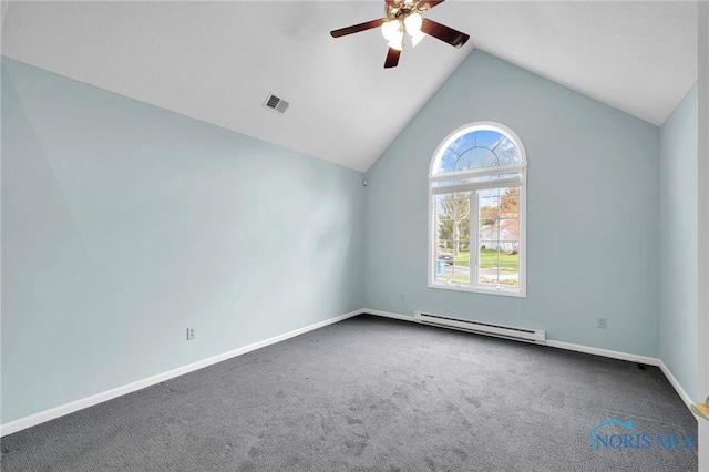 empty room featuring ceiling fan, visible vents, carpet floors, a baseboard radiator, and lofted ceiling