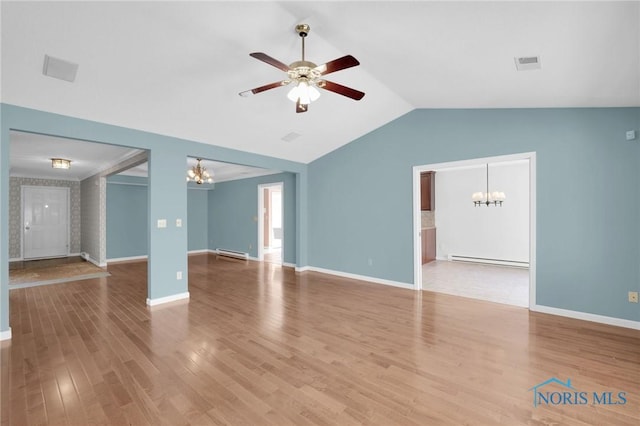 unfurnished living room featuring visible vents, baseboard heating, ceiling fan with notable chandelier, a baseboard heating unit, and lofted ceiling