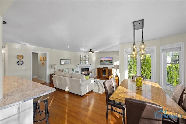 dining area featuring a ceiling fan, baseboards, a lit fireplace, and dark wood-type flooring