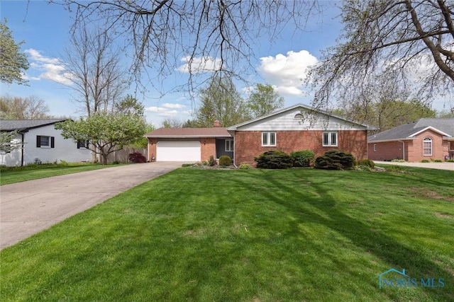 ranch-style home with brick siding, an attached garage, driveway, and a front lawn
