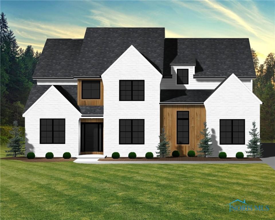 modern inspired farmhouse with a shingled roof, board and batten siding, and a front yard