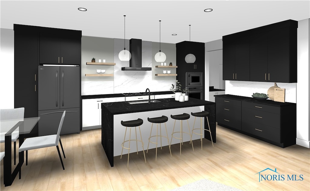 kitchen with open shelves, built in appliances, dark countertops, wall chimney exhaust hood, and dark cabinets