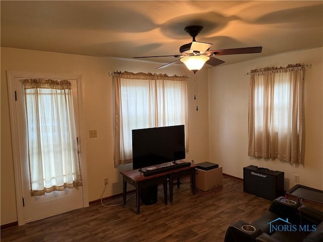 444 Rector Ave, Findlay, OH 45840 - living area featuring plenty of natural light, ceiling fan, dark wood-style flooring, and baseboards