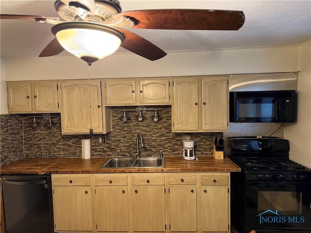 444 Rector Ave, Findlay, OH 45840 - kitchen featuring black appliances, a sink, ceiling fan, backsplash, and light brown cabinets