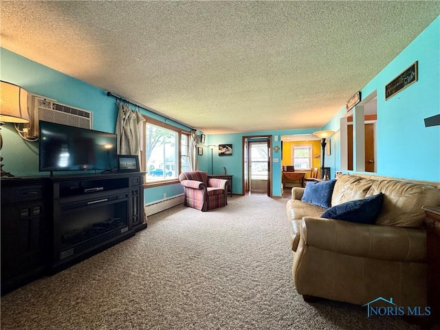 carpeted living room with a textured ceiling, a wall mounted AC, and baseboard heating