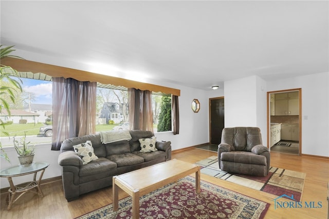 living room with baseboards and wood finished floors