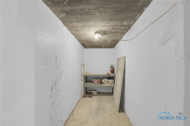 below grade area featuring concrete block wall