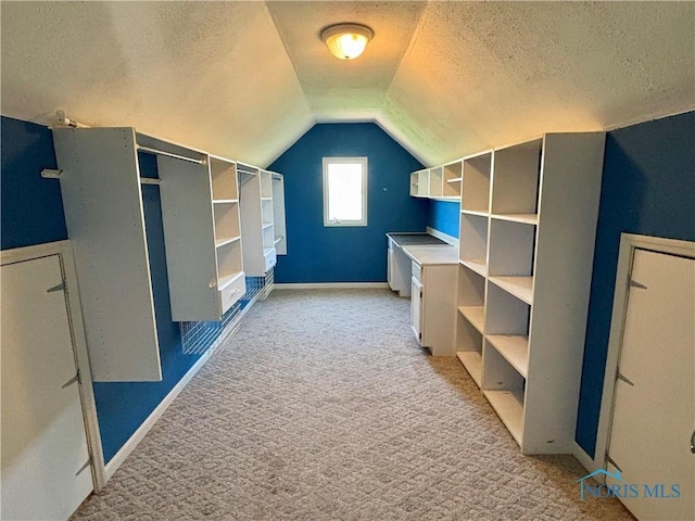 additional living space with baseboards, vaulted ceiling, a textured ceiling, and light colored carpet