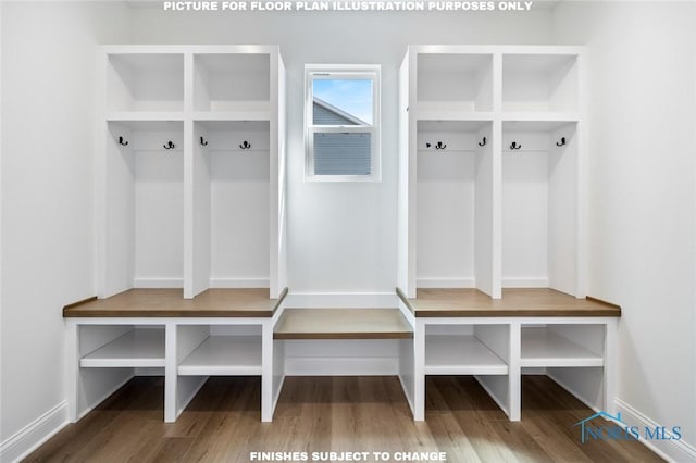 mudroom with baseboards and wood finished floors