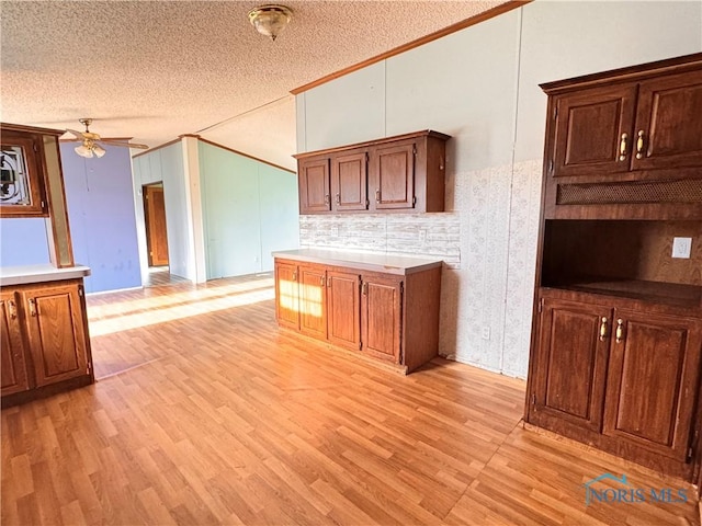 kitchen featuring ceiling fan, a textured ceiling, light wood-style flooring, vaulted ceiling, and ornamental molding