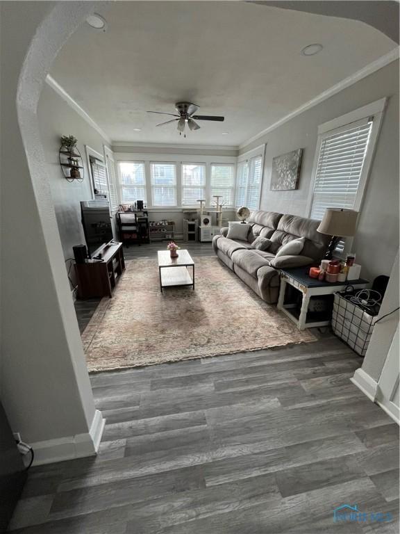living room with arched walkways, ceiling fan, ornamental molding, and wood finished floors