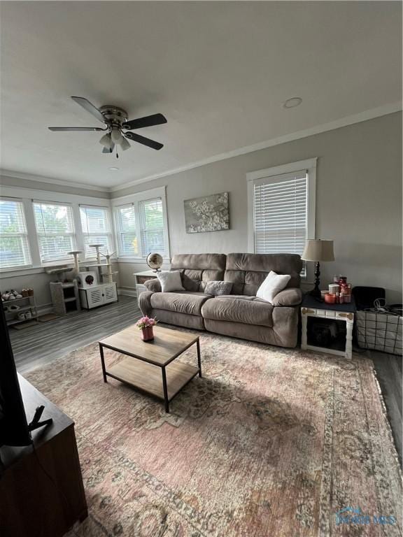 living area with baseboards, ceiling fan, ornamental molding, and wood finished floors