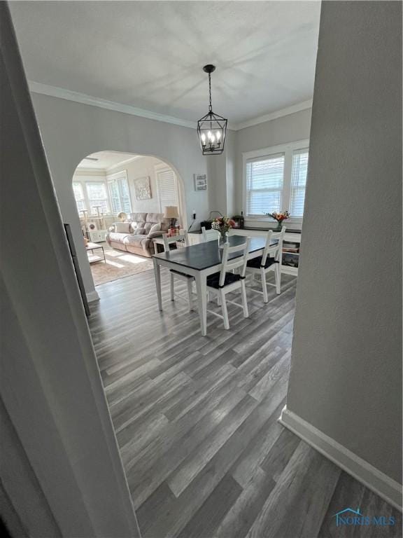 dining area with arched walkways, plenty of natural light, wood finished floors, and a notable chandelier