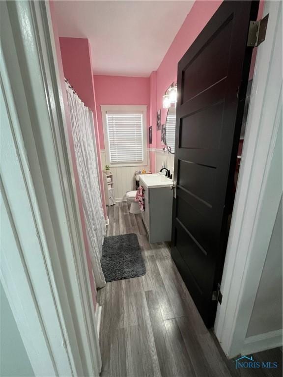 full bath with curtained shower, wood finished floors, vanity, a wainscoted wall, and toilet