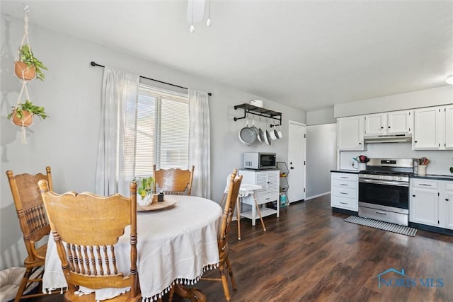 2123 Keen Ave, Toledo, OH 43611 - kitchen with dark countertops, dark wood finished floors, stainless steel appliances, white cabinetry, and under cabinet range hood