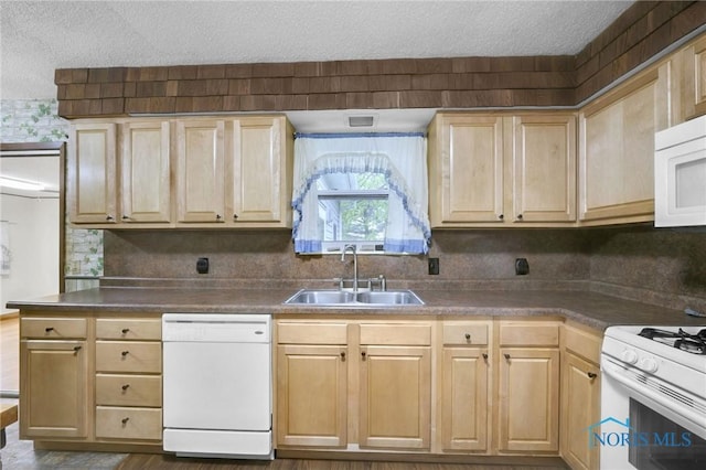 13921 Defiance Pike, Rudolph, OH 43462 - kitchen with white appliances, a sink, light brown cabinetry, and a textured ceiling