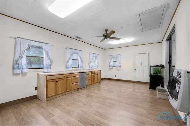 13921 Defiance Pike, Rudolph, OH 43462 - interior space with attic access, heating unit, light wood-style floors, ceiling fan, and baseboards