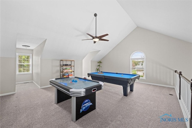 1135 Pimlico Park, Holland, OH 43528 - playroom featuring carpet floors, baseboards, ceiling fan, pool table, and vaulted ceiling