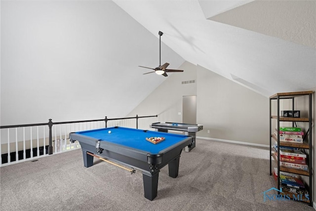 1135 Pimlico Park, Holland, OH 43528 - rec room with a ceiling fan, visible vents, pool table, lofted ceiling, and carpet