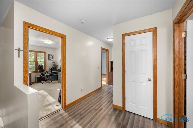 2515 S Berkey Southern Rd, Swanton, OH 43558 - hall with wood finished floors, a desk, and baseboards