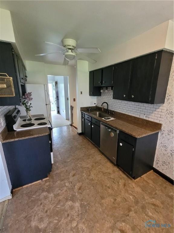 633 Southfield Dr, Maumee, OH 43537 - kitchen with stainless steel dishwasher, a sink, dark cabinetry, and a ceiling fan