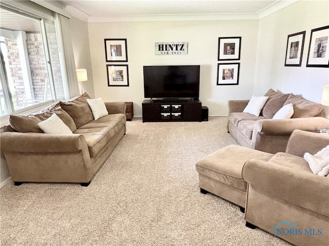 living area with carpet floors and crown molding