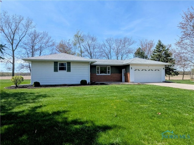 single story home with a garage, a front yard, brick siding, a shingled roof, and concrete driveway