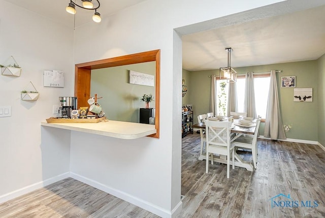 dining area with baseboards and wood finished floors