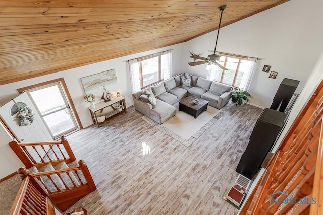 living area with high vaulted ceiling, ceiling fan, wooden ceiling, and a healthy amount of sunlight