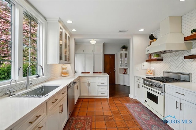 3405 Chestnut Hill Rd, Ottawa Hills, OH 43606 - kitchen with range with gas cooktop, a sink, open shelves, ventilation hood, and tasteful backsplash