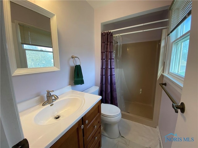 bathroom with vanity, toilet, and a stall shower