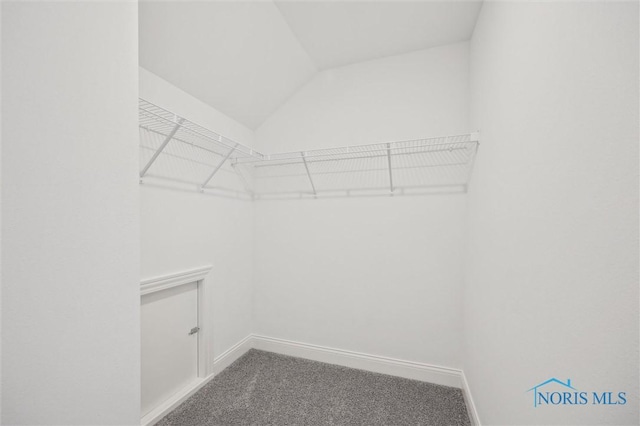 spacious closet with carpet flooring and vaulted ceiling