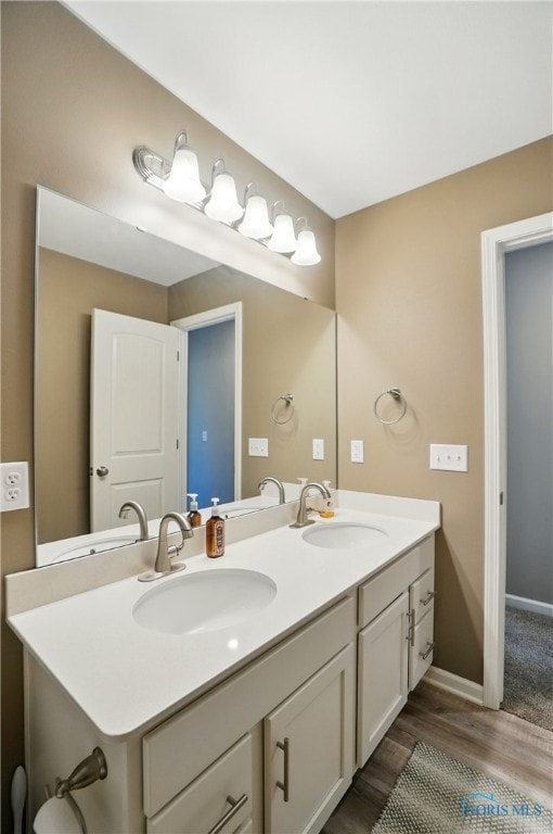 bathroom featuring double vanity, baseboards, a sink, and wood finished floors
