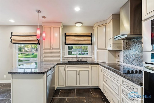 5258 Coldstream Rd, Toledo, OH 43623 - kitchen with a sink, dishwasher, black electric cooktop, wall chimney exhaust hood, and a peninsula