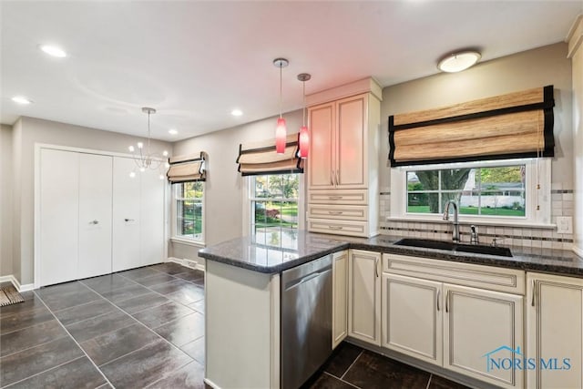5258 Coldstream Rd, Toledo, OH 43623 - kitchen with a sink, dishwasher, tasteful backsplash, a peninsula, and decorative light fixtures