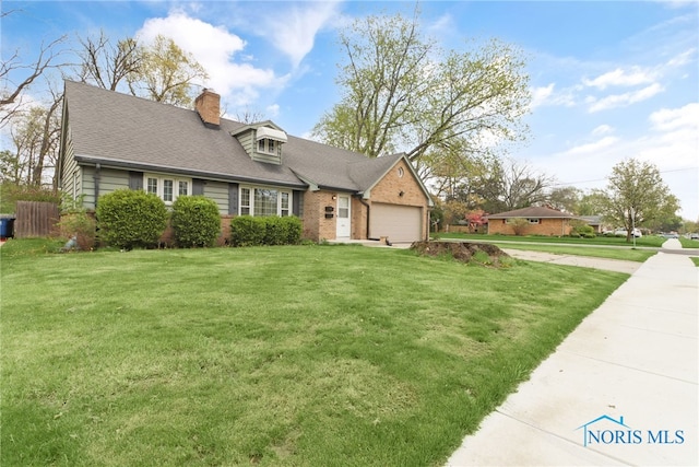cape cod house with brick siding, a shingled roof, a front lawn, and a chimney