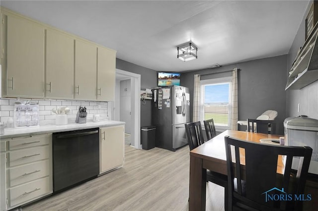 26237 Luckey Rd, Walbridge, OH 43465 - kitchen with dishwashing machine, light wood-style flooring, stainless steel refrigerator with ice dispenser, light countertops, and tasteful backsplash