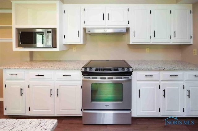 1440 N State Route 19, Republic, OH 44867 - kitchen featuring dark wood-type flooring, under cabinet range hood, white cabinets, and stainless steel appliances