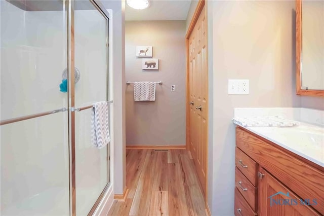 2028 Lakeland Dr, Findlay, OH 45840 - bathroom with baseboards, a shower stall, wood finished floors, and vanity